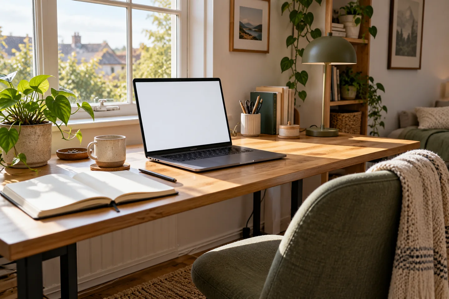 Ordinateur, carnet et tasse dans un coin bureau lumineux.