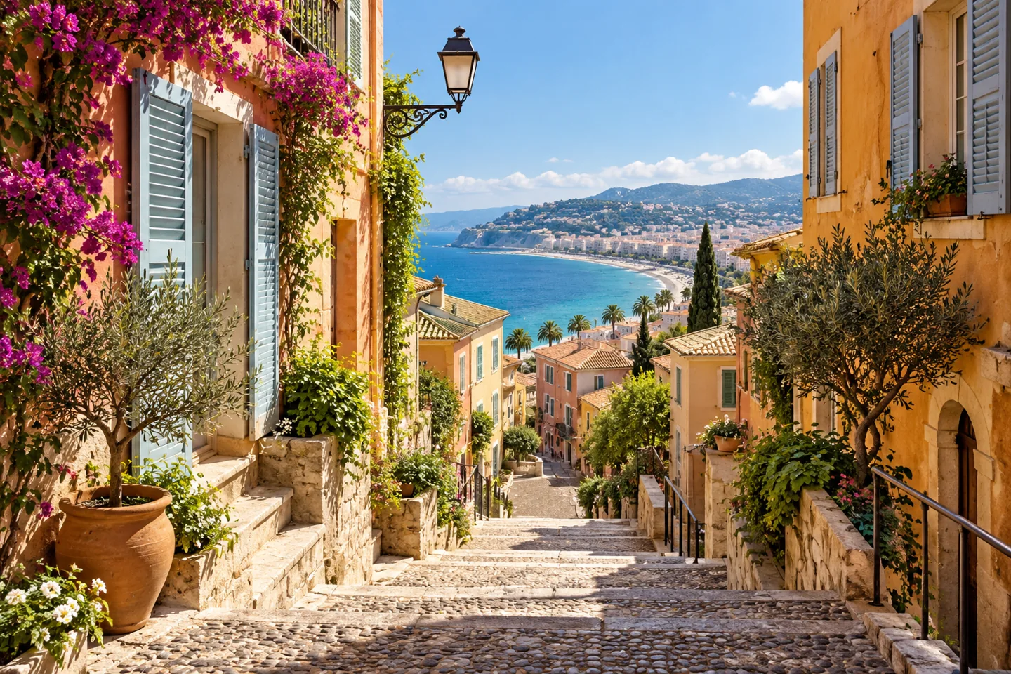 Rue méditerranéenne en pente, façades ocre et vue sur la mer.